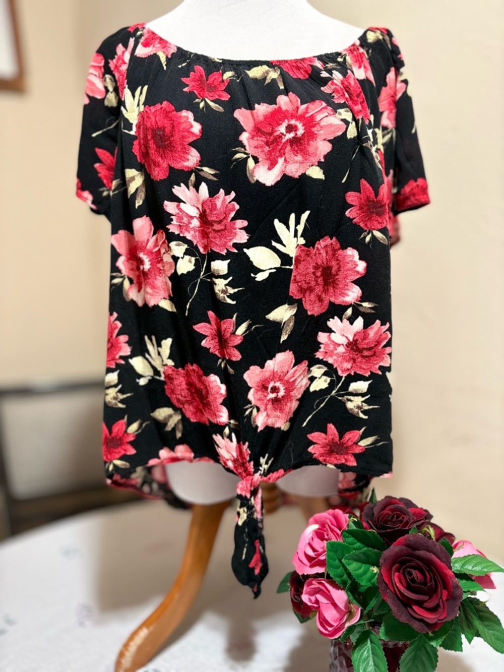 Mauve Black Blouse with Red and Pink Floral Tie Front